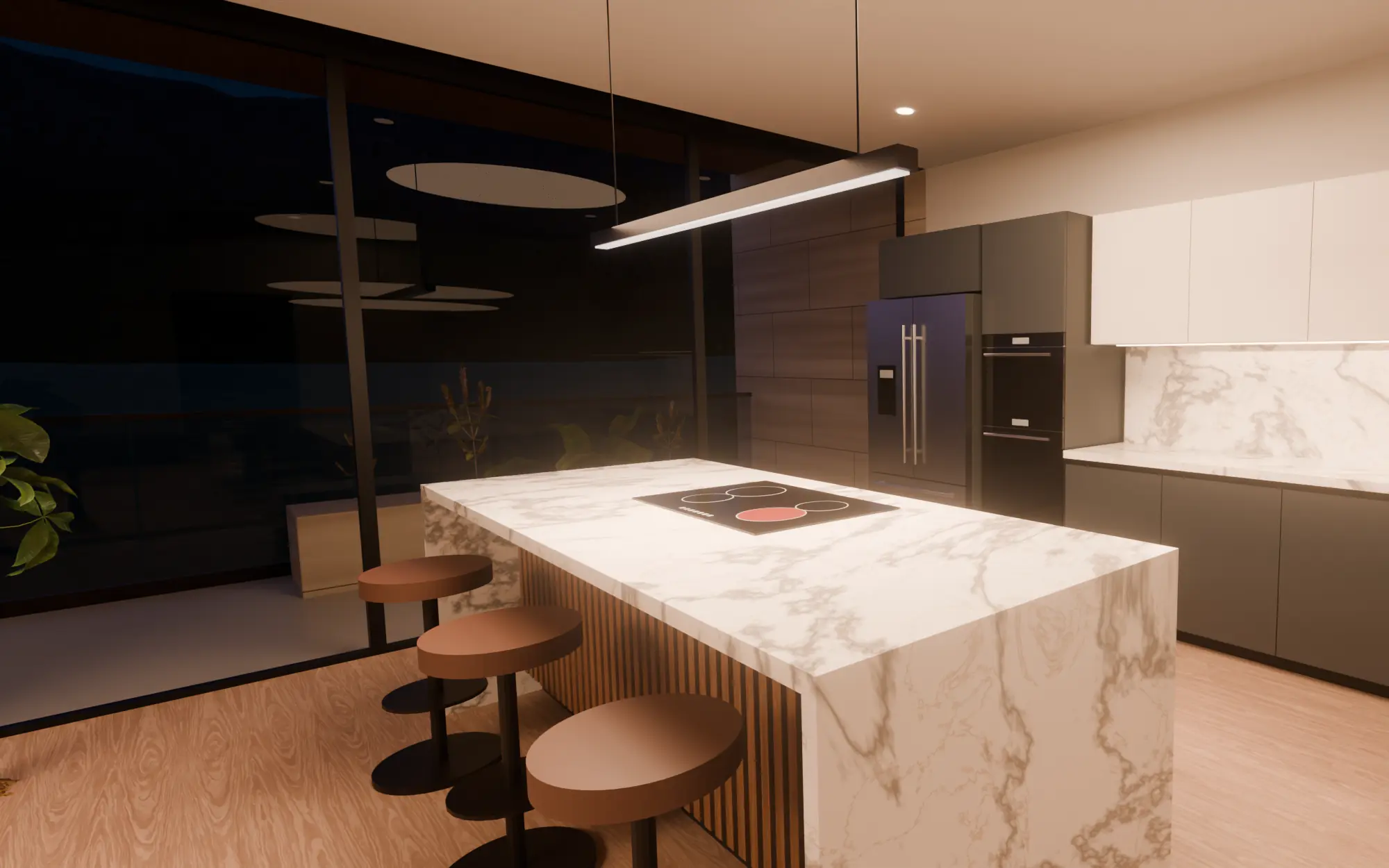 The kitchen of apartment 402: a stone island with an induction hob, the refrigerator and the oven tower behind it.